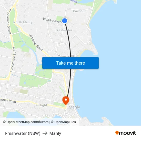 Freshwater (NSW) to Manly map