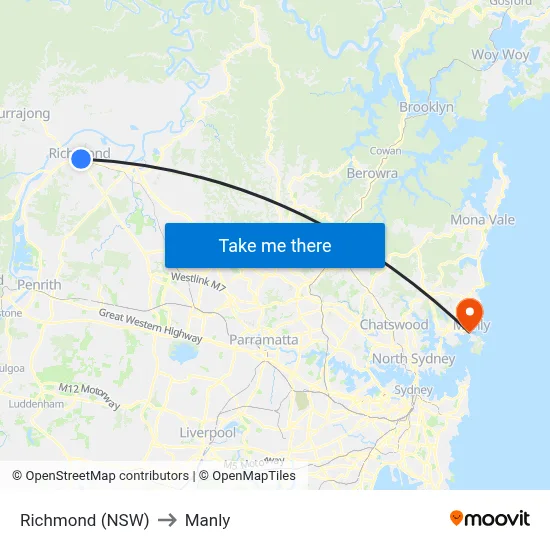 Richmond (NSW) to Manly map