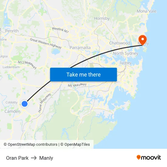 Oran Park to Manly map