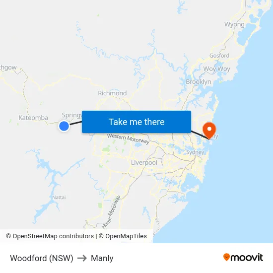 Woodford (NSW) to Manly map