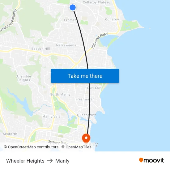 Wheeler Heights to Manly map