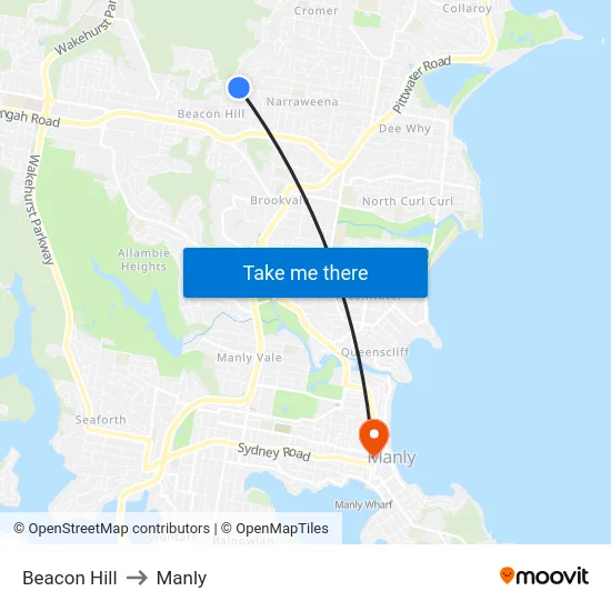 Beacon Hill to Manly map
