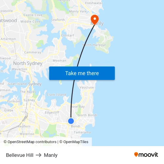 Bellevue Hill to Manly map