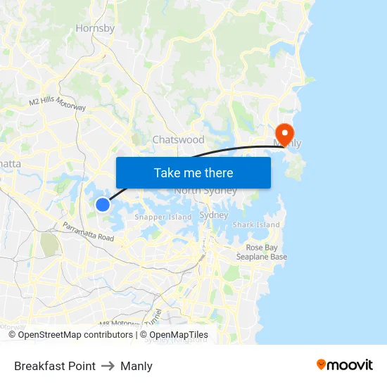 Breakfast Point to Manly map
