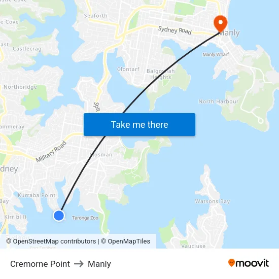 Cremorne Point to Manly map