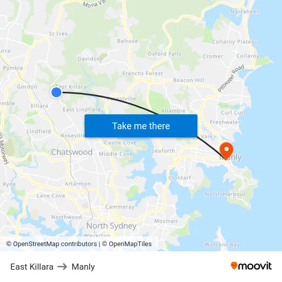 East Killara to Manly map