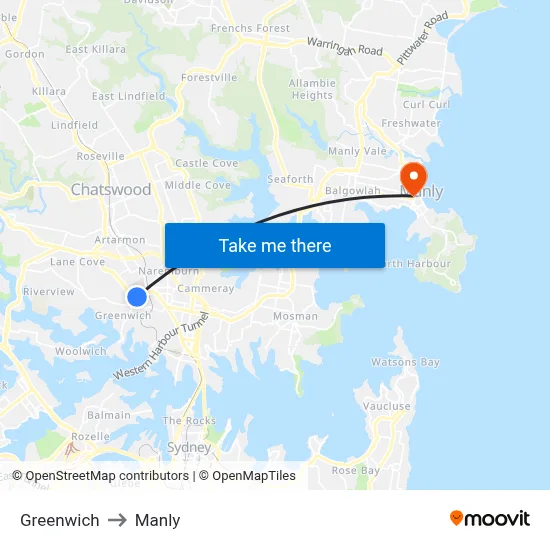 Greenwich to Manly map