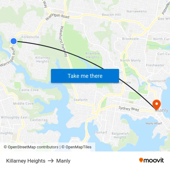 Killarney Heights to Manly map