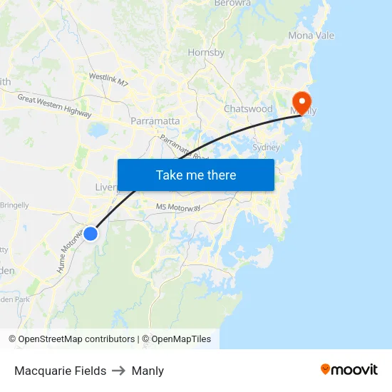 Macquarie Fields to Manly map