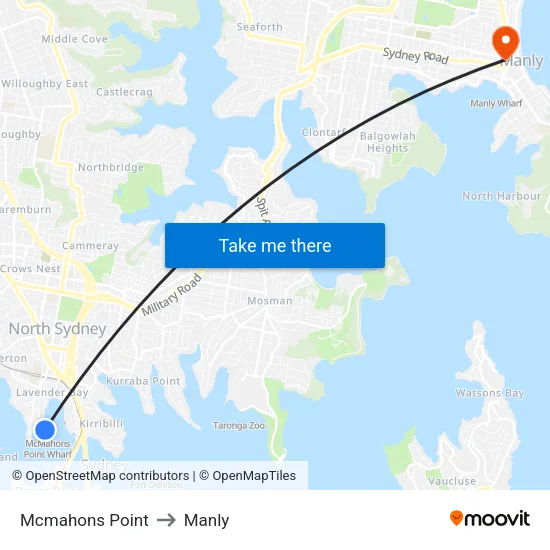 Mcmahons Point to Manly map