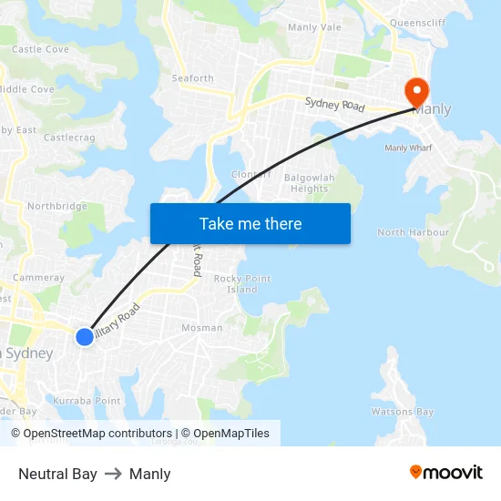 Neutral Bay to Manly map