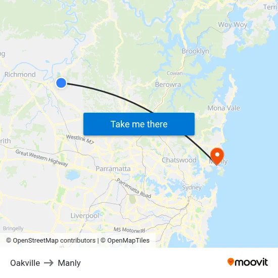Oakville to Manly map