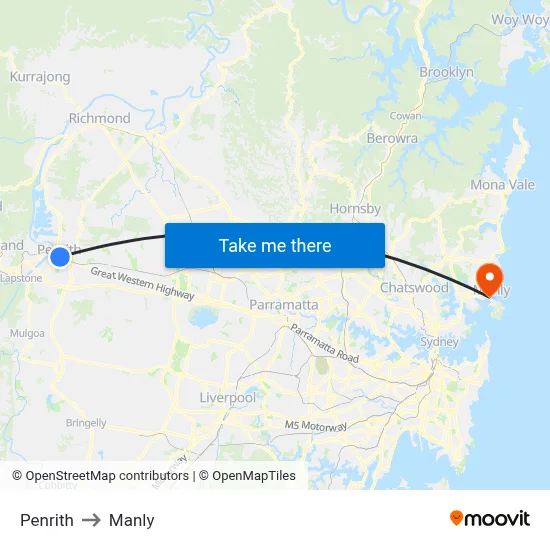Penrith to Manly map