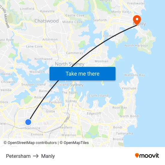 Petersham to Manly map