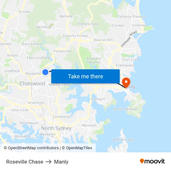 Roseville Chase to Manly map