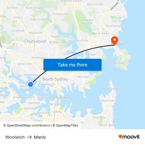 Woolwich to Manly map