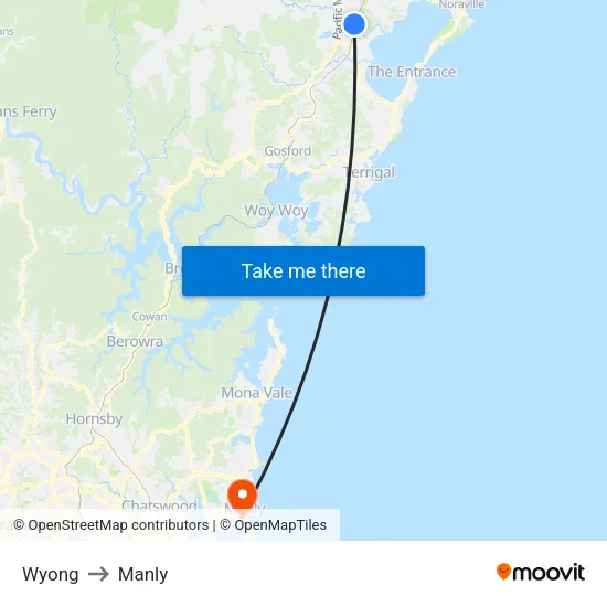 Wyong to Manly map