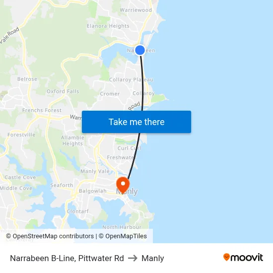 Narrabeen B-Line, Pittwater Rd to Manly map