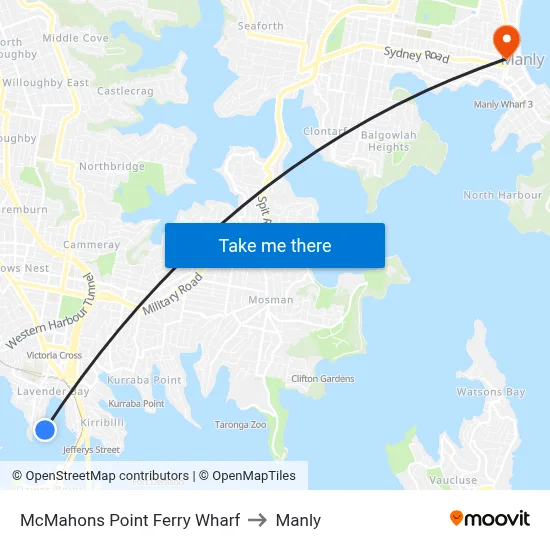 McMahons Point Ferry Wharf to Manly map