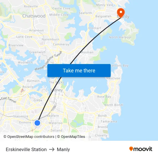 Erskineville Station to Manly map