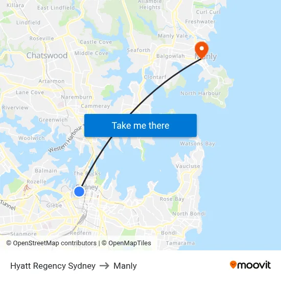 Hyatt Regency Sydney to Manly map