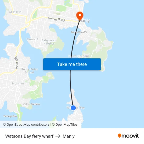 Watsons Bay ferry wharf to Manly map