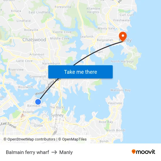 Balmain ferry wharf to Manly map