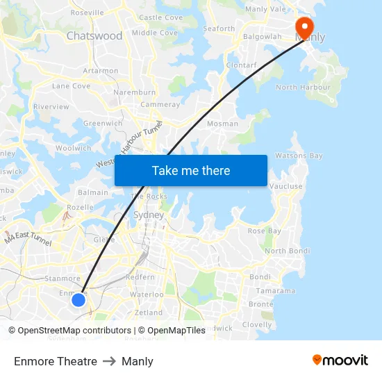 Enmore Theatre to Manly map