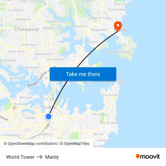World Tower to Manly map