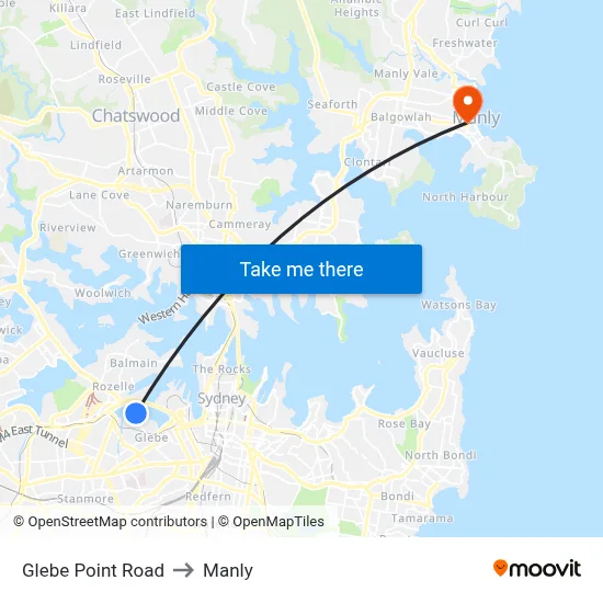 Glebe Point Road to Manly map