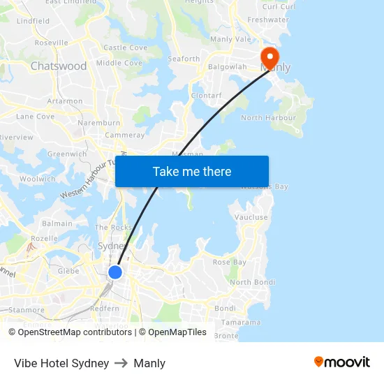 Vibe Hotel Sydney to Manly map