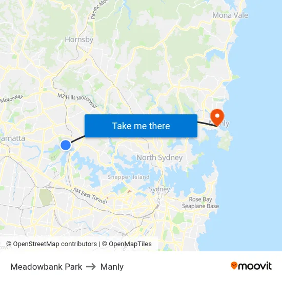 Meadowbank Park to Manly map