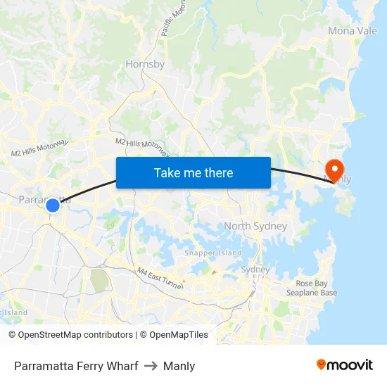 Parramatta Ferry Wharf to Manly map