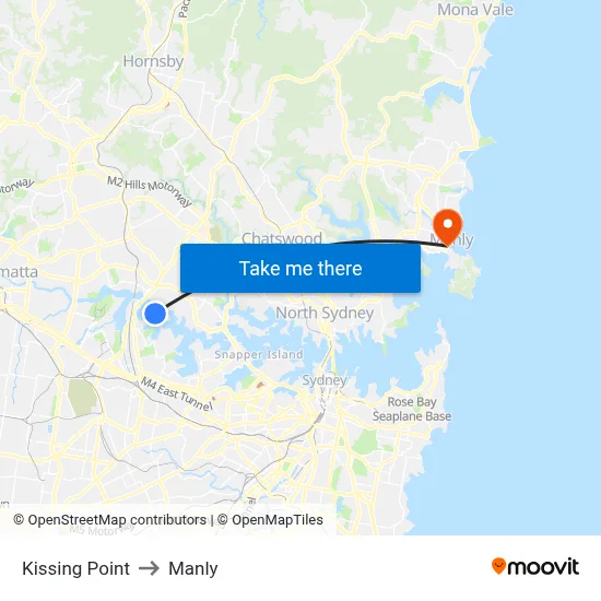 Kissing Point to Manly map