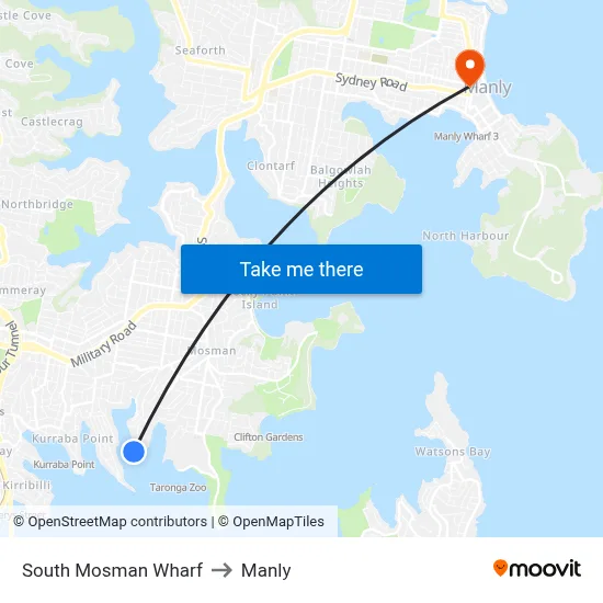 South Mosman Wharf to Manly map