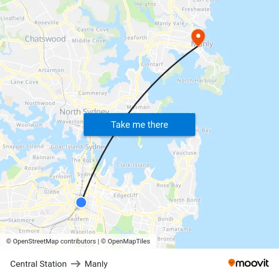 Central Station to Manly map