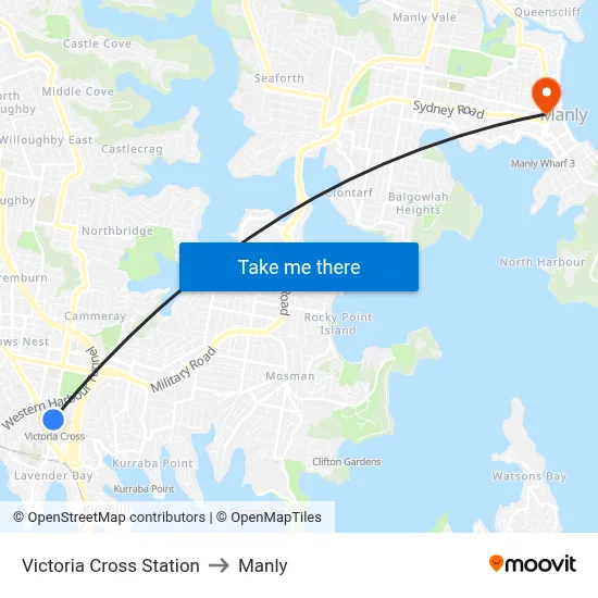 Victoria Cross Station to Manly map