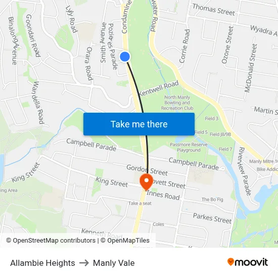 Allambie Heights to Manly Vale map