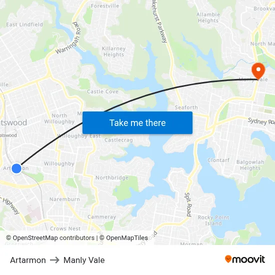 Artarmon to Manly Vale map