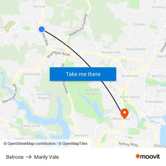 Belrose to Manly Vale map