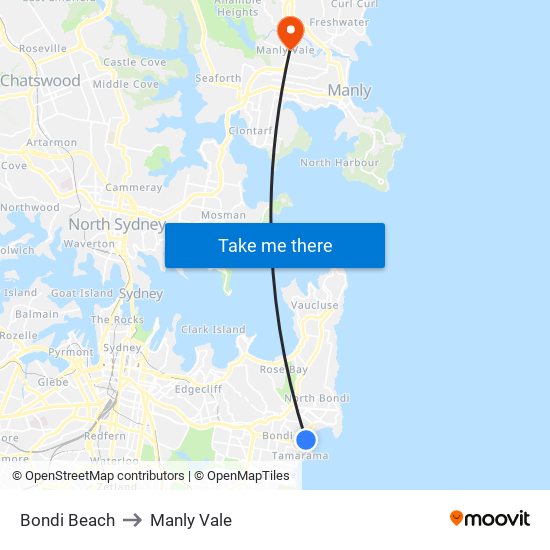 Bondi Beach to Manly Vale map