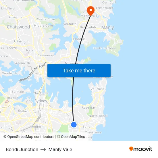 Bondi Junction to Manly Vale map