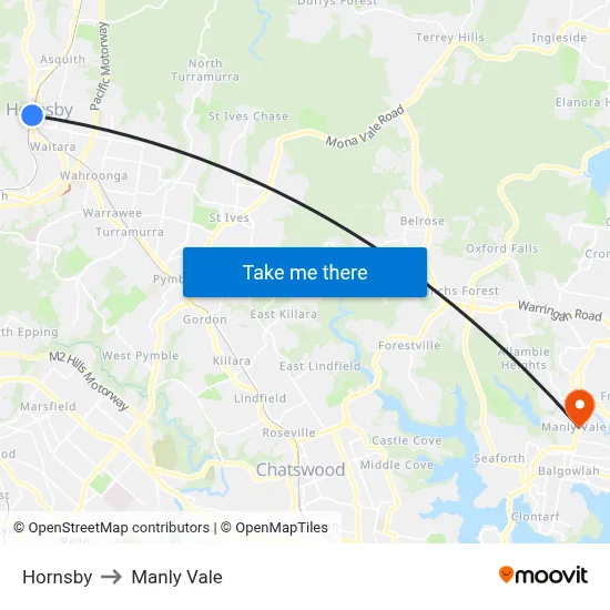 Hornsby to Manly Vale map