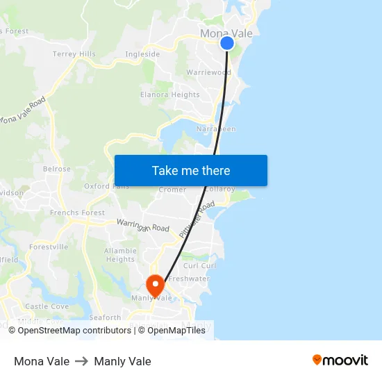 Mona Vale to Manly Vale map