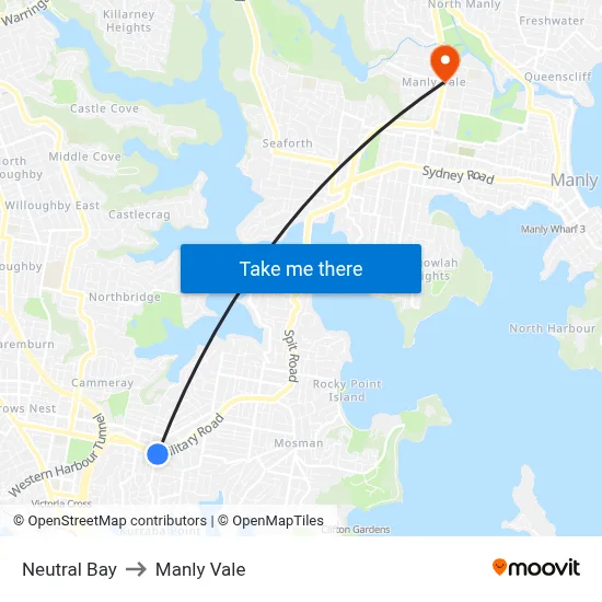 Neutral Bay to Manly Vale map