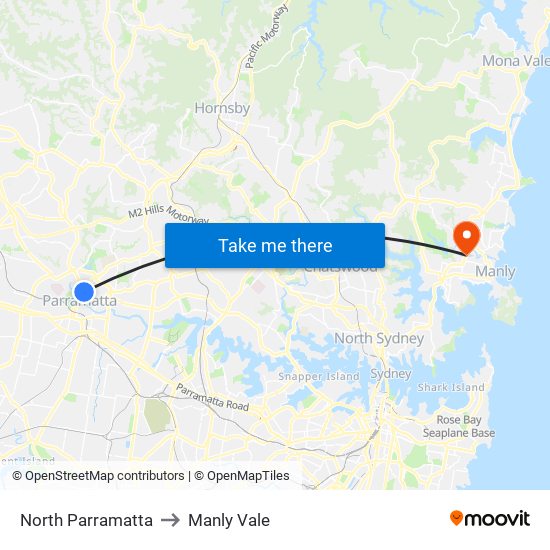 North Parramatta to Manly Vale map