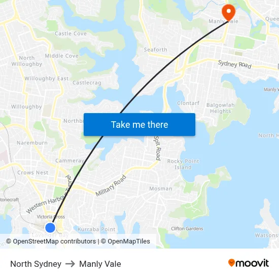 North Sydney to Manly Vale map