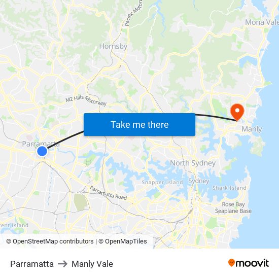 Parramatta to Manly Vale map