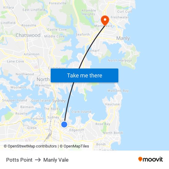 Potts Point to Manly Vale map