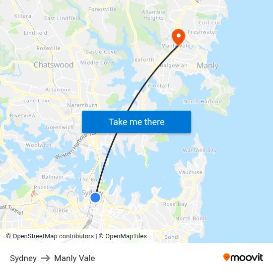 Sydney to Manly Vale map